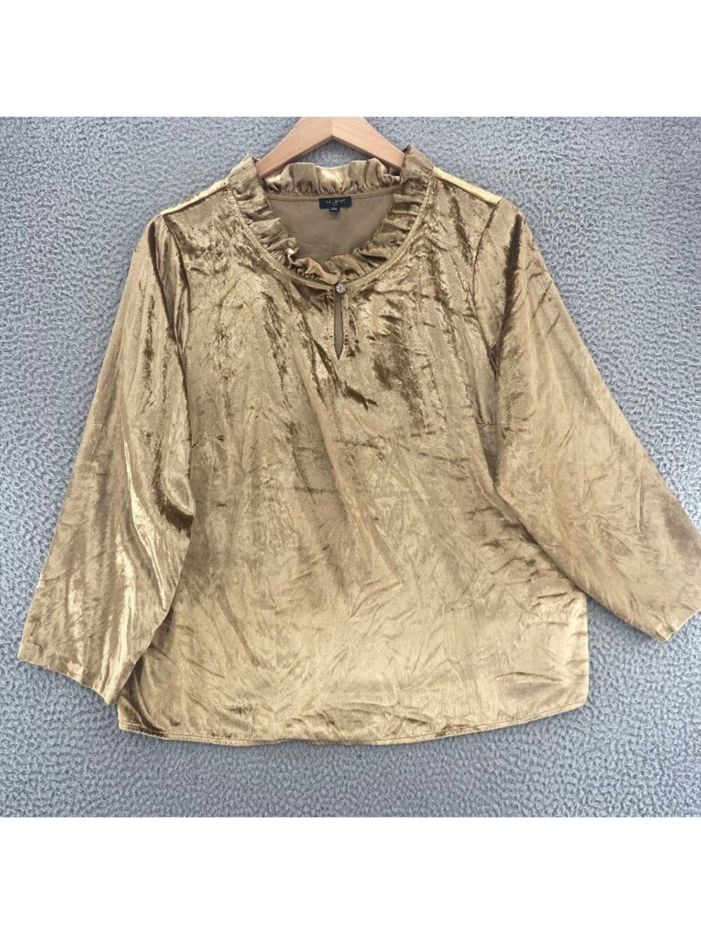 Talbots Top Womens 1X Plus Gold Velvet Shimmer Ruffle Collar Keyhole Neck Blouse